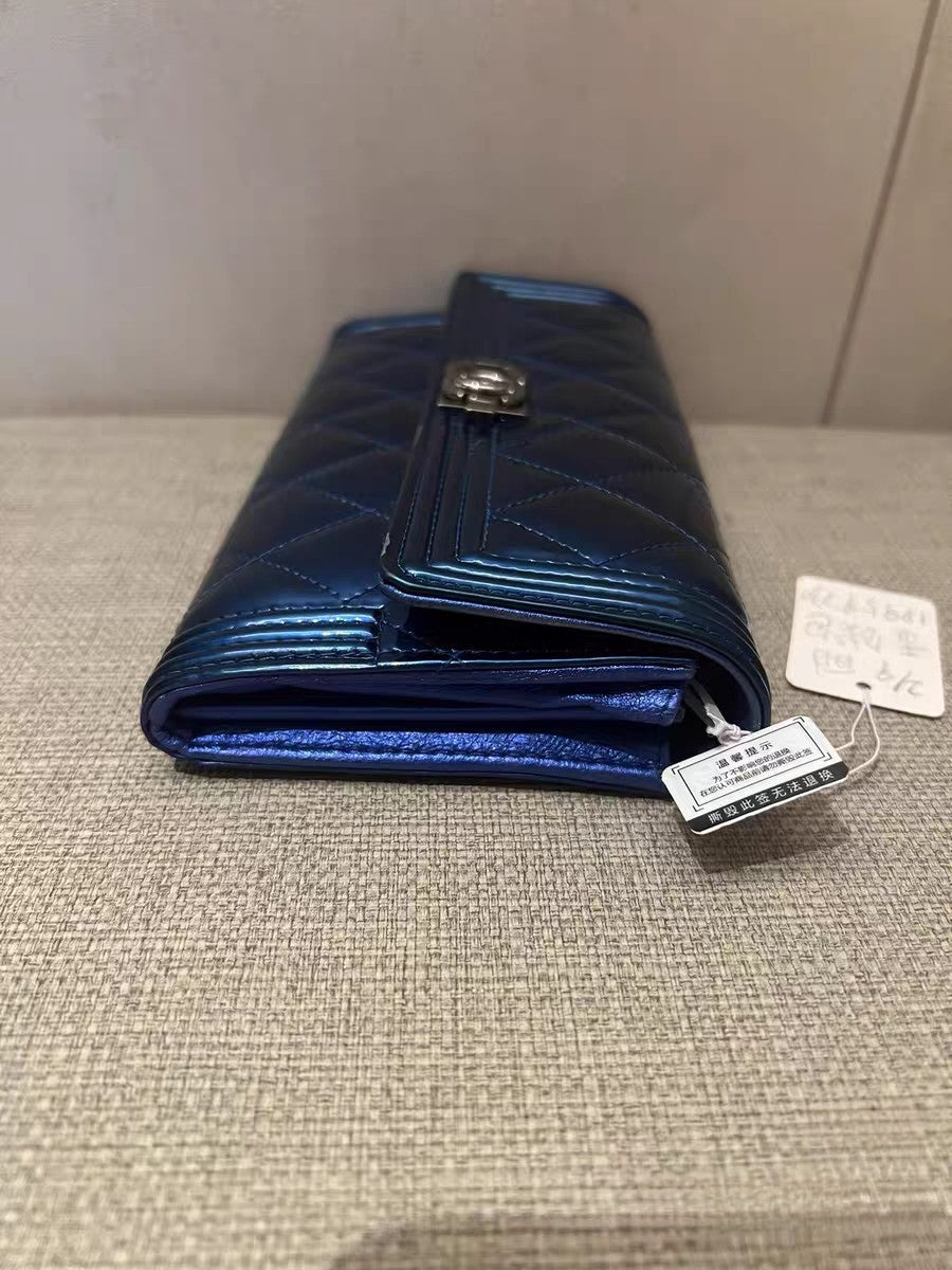 Chanel Metallic Blue Quilted Patent Leather Wallet on Chain (WOC)