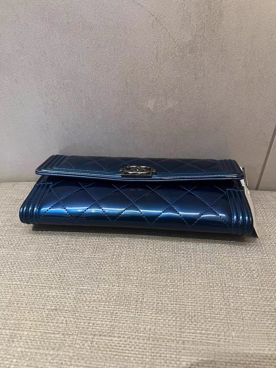 Chanel Metallic Blue Quilted Patent Leather Wallet on Chain (WOC)