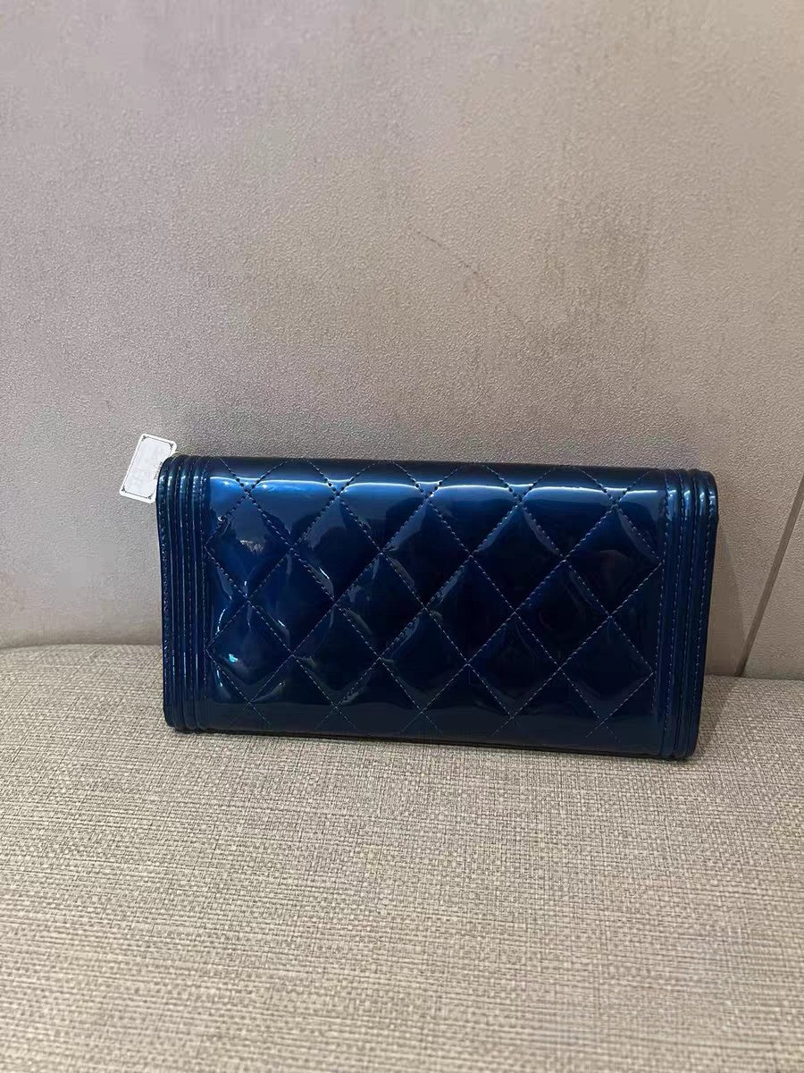 Chanel Metallic Blue Quilted Patent Leather Wallet on Chain (WOC)