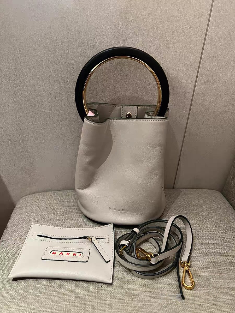 Marni Light Gray Leather Bucket Bag with Ring Handle
