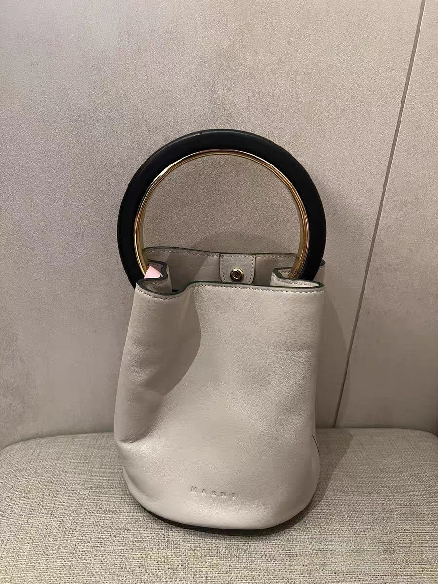 Marni Light Gray Leather Bucket Bag with Ring Handle