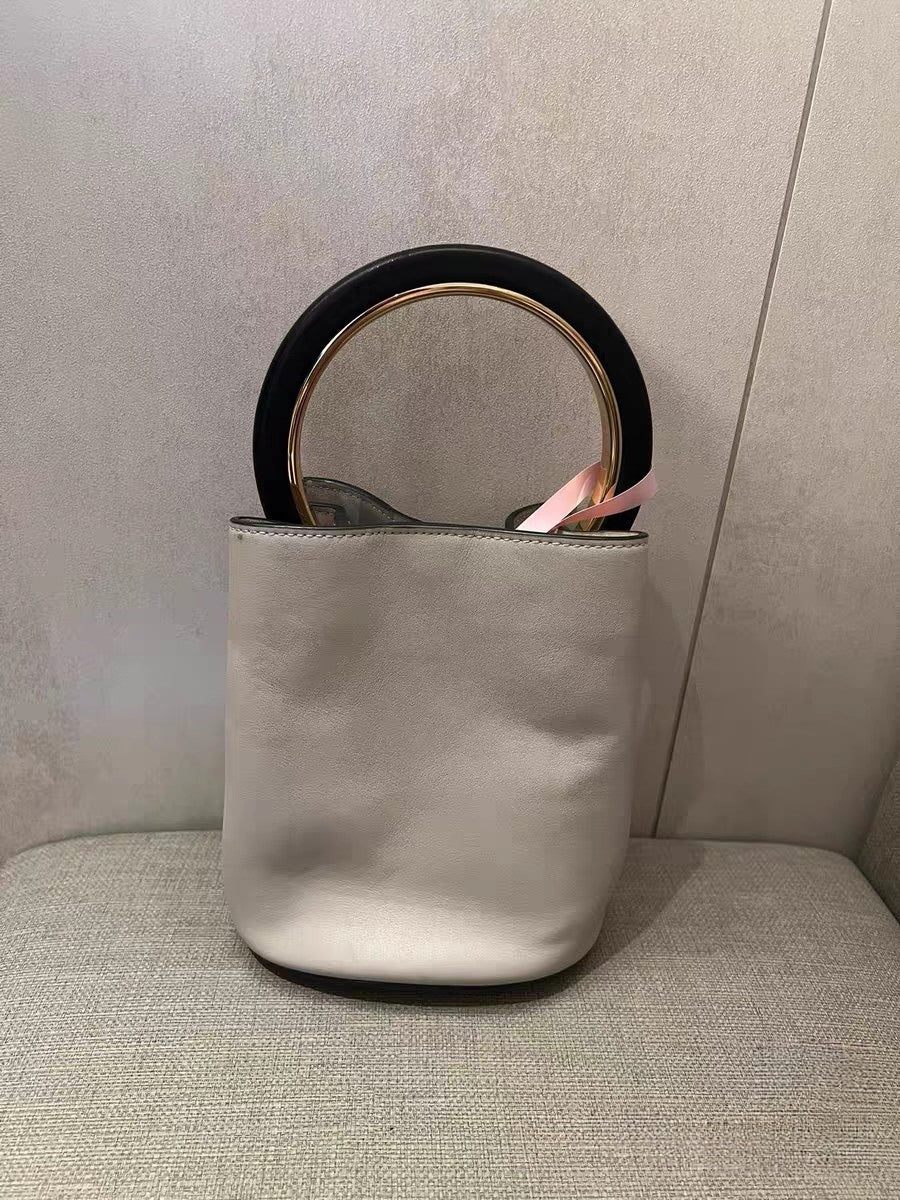 Marni Light Gray Leather Bucket Bag with Ring Handle