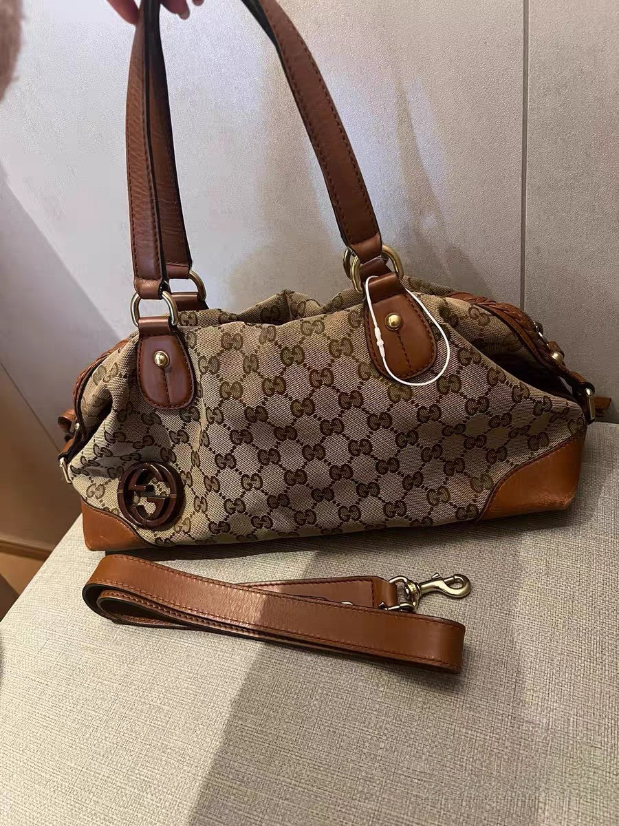 Gucci GG Canvas Beige/Brown Leather Boston Satchel Bag