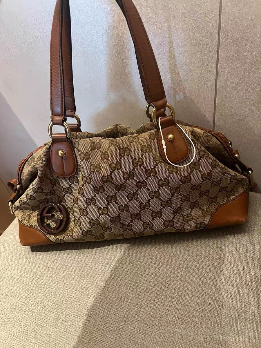 Gucci GG Canvas Beige/Brown Leather Boston Satchel Bag