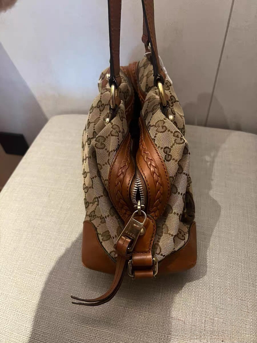 Gucci GG Canvas Beige/Brown Leather Boston Satchel Bag