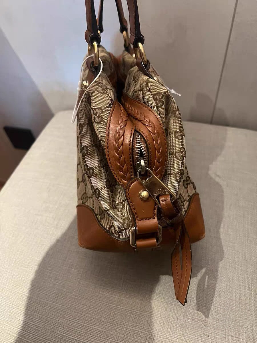 Gucci GG Canvas Beige/Brown Leather Boston Satchel Bag