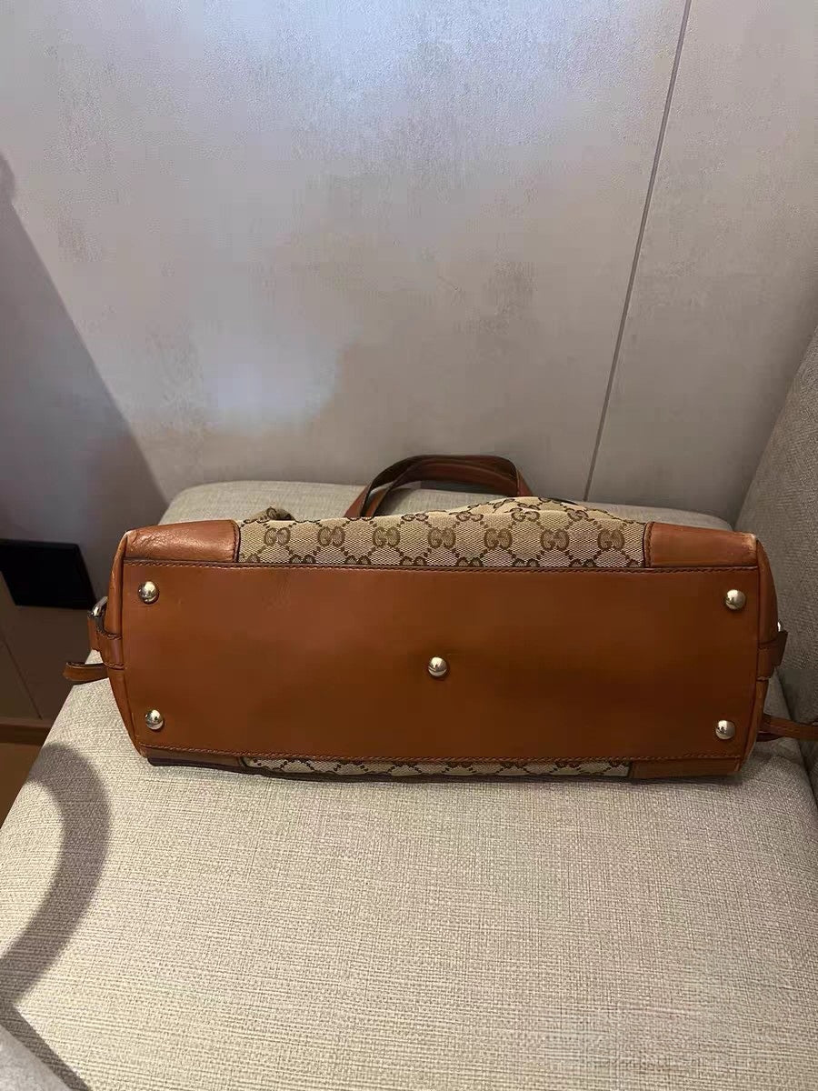 Gucci GG Canvas Beige/Brown Leather Boston Satchel Bag