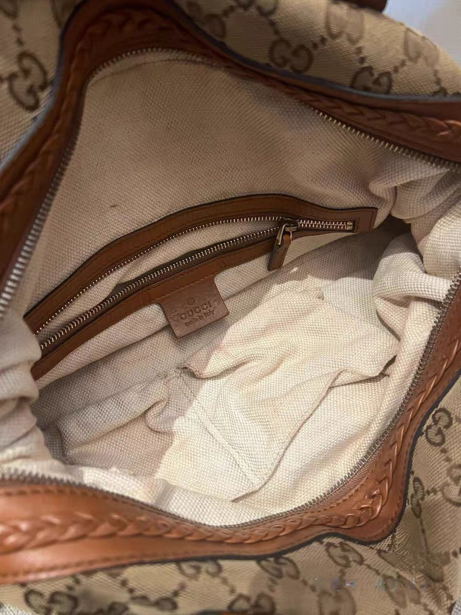 Gucci GG Canvas Beige/Brown Leather Boston Satchel Bag