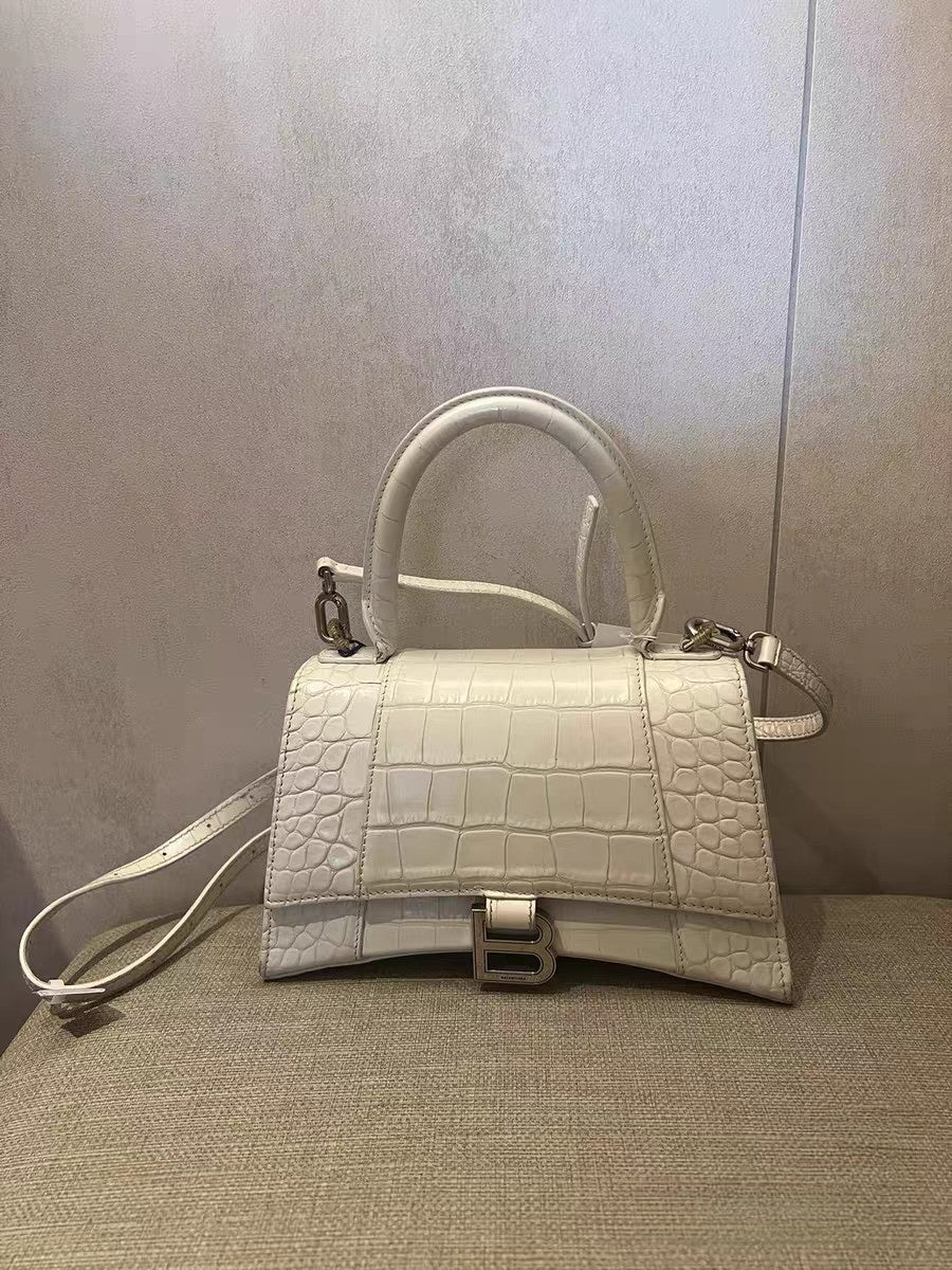 Balenciaga Hourglass XS White Crocodile-Embossed Leather Top Handle Bag