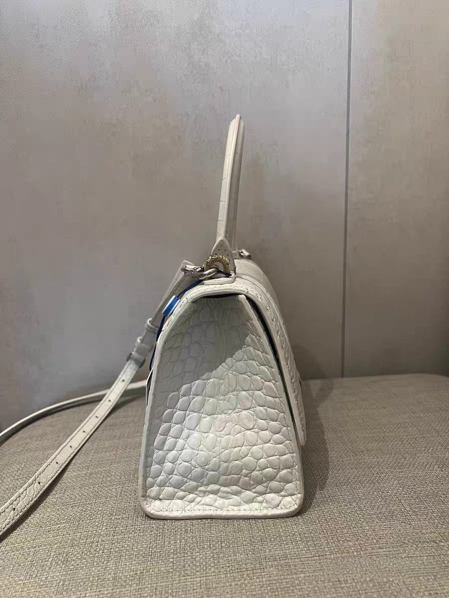 Balenciaga Hourglass XS White Crocodile-Embossed Leather Top Handle Bag