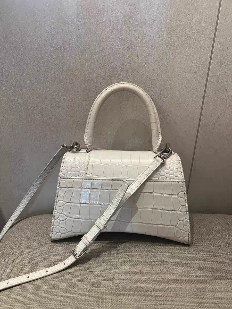Balenciaga Hourglass XS White Crocodile-Embossed Leather Top Handle Bag