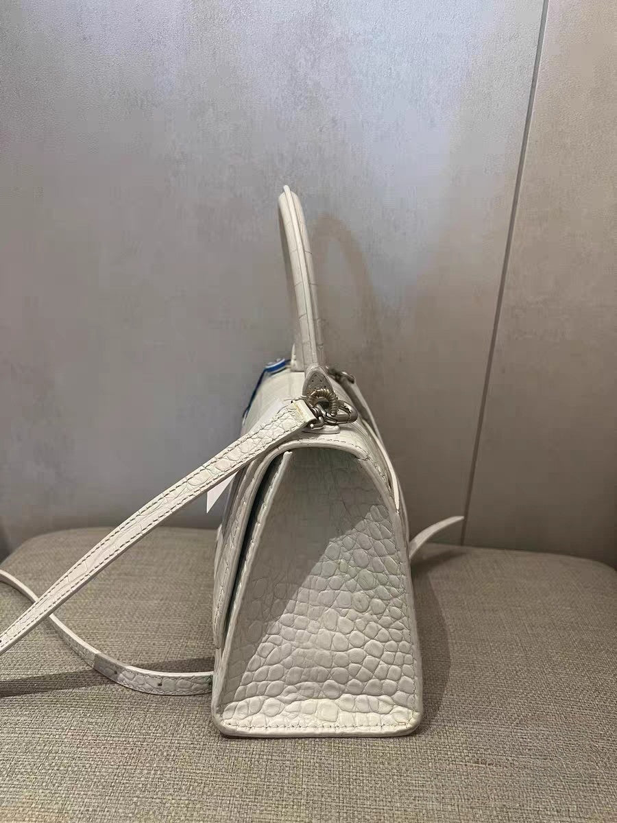 Balenciaga Hourglass XS White Crocodile-Embossed Leather Top Handle Bag