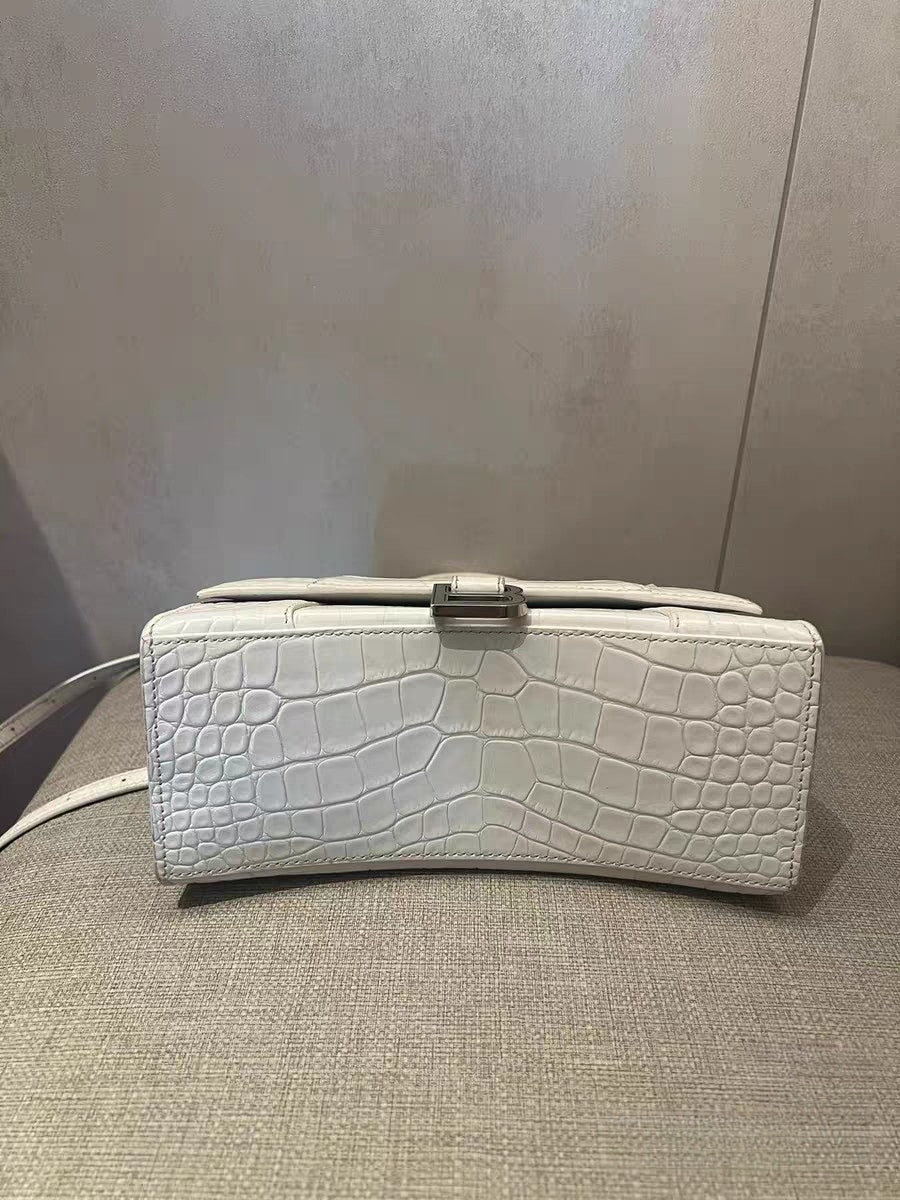 Balenciaga Hourglass XS White Crocodile-Embossed Leather Top Handle Bag