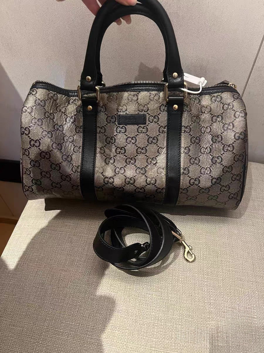 Gucci GG Supreme Metallic Beige Canvas Boston Bag