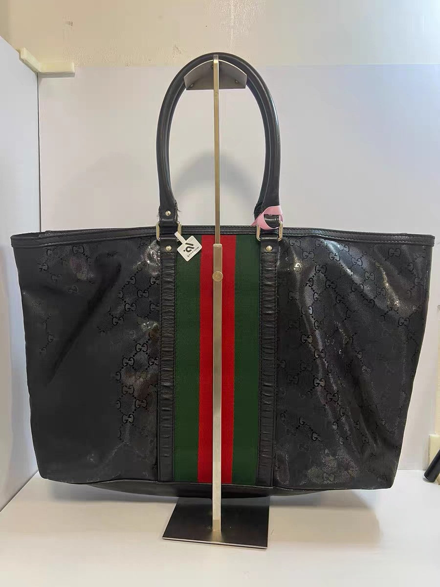 Gucci GG Crystal Canvas Black Web Stripe Tote Bag