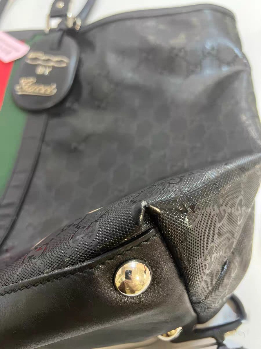 Gucci GG Crystal Canvas Black Web Stripe Tote Bag