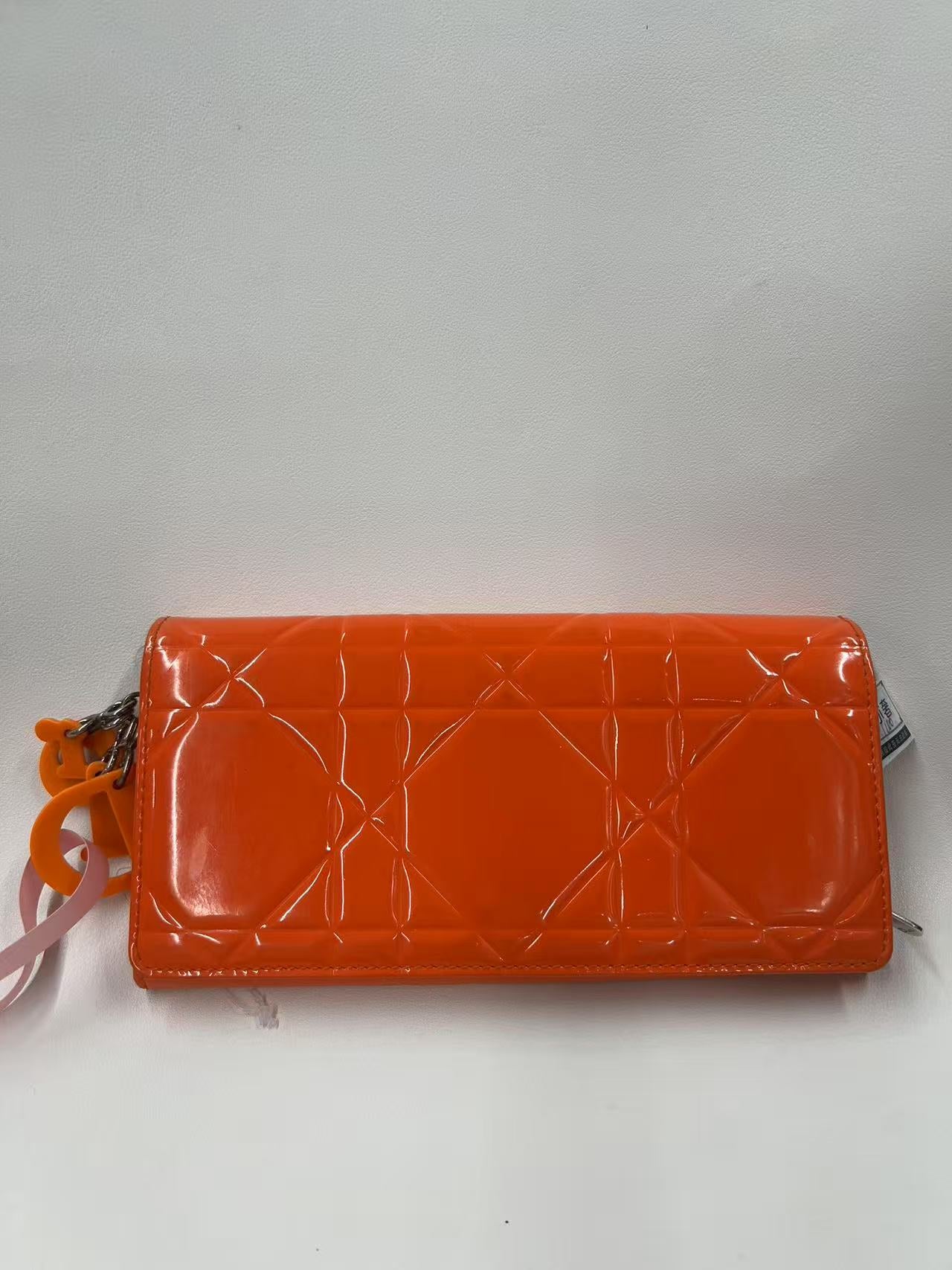 Christian Dior Lady Dior Orange Patent Leather Wallet on Chain