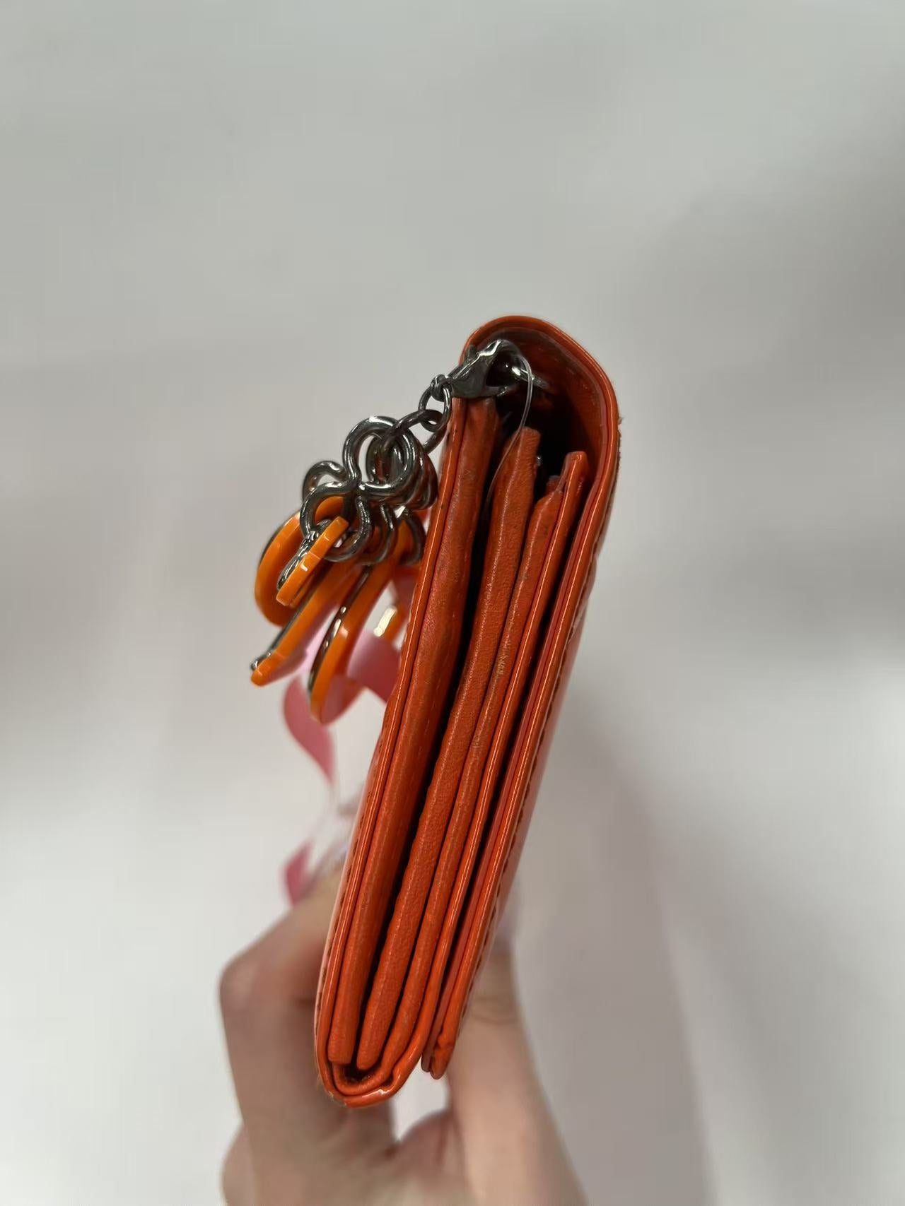 Christian Dior Lady Dior Orange Patent Leather Wallet on Chain