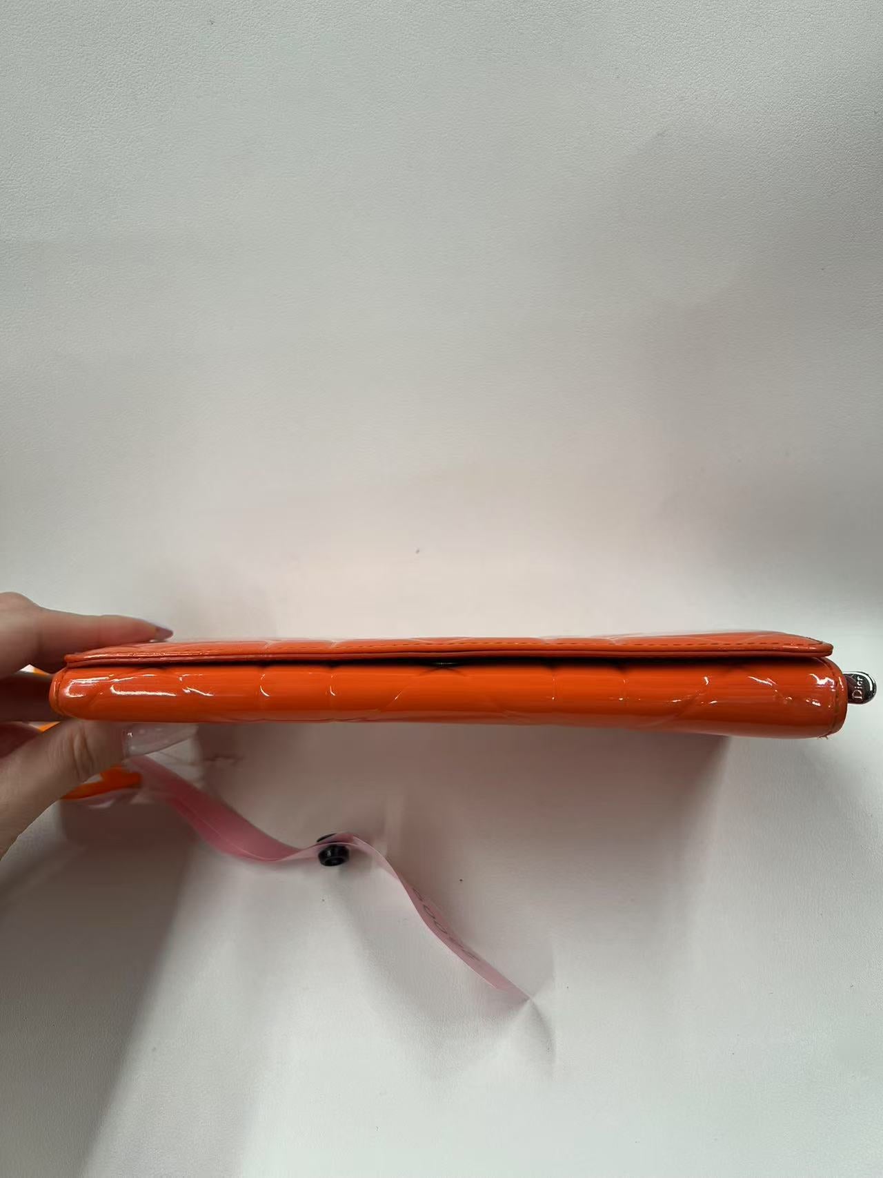 Christian Dior Lady Dior Orange Patent Leather Wallet on Chain