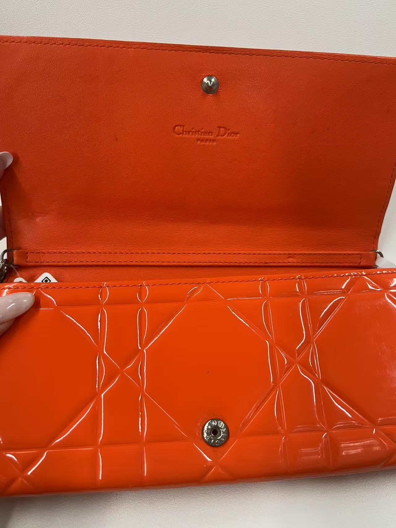 Christian Dior Lady Dior Orange Patent Leather Wallet on Chain