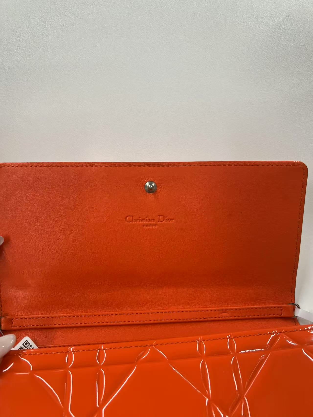 Christian Dior Lady Dior Orange Patent Leather Wallet on Chain