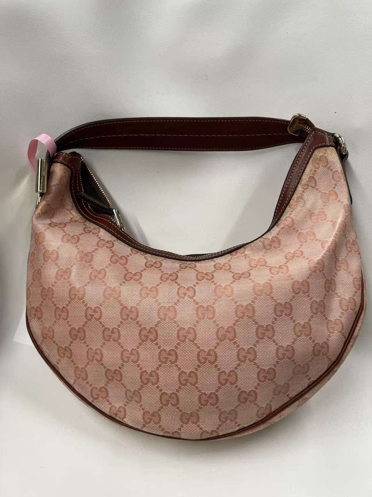 Gucci GG Canvas Pink Crescent Hobo Bag with Bow Charm