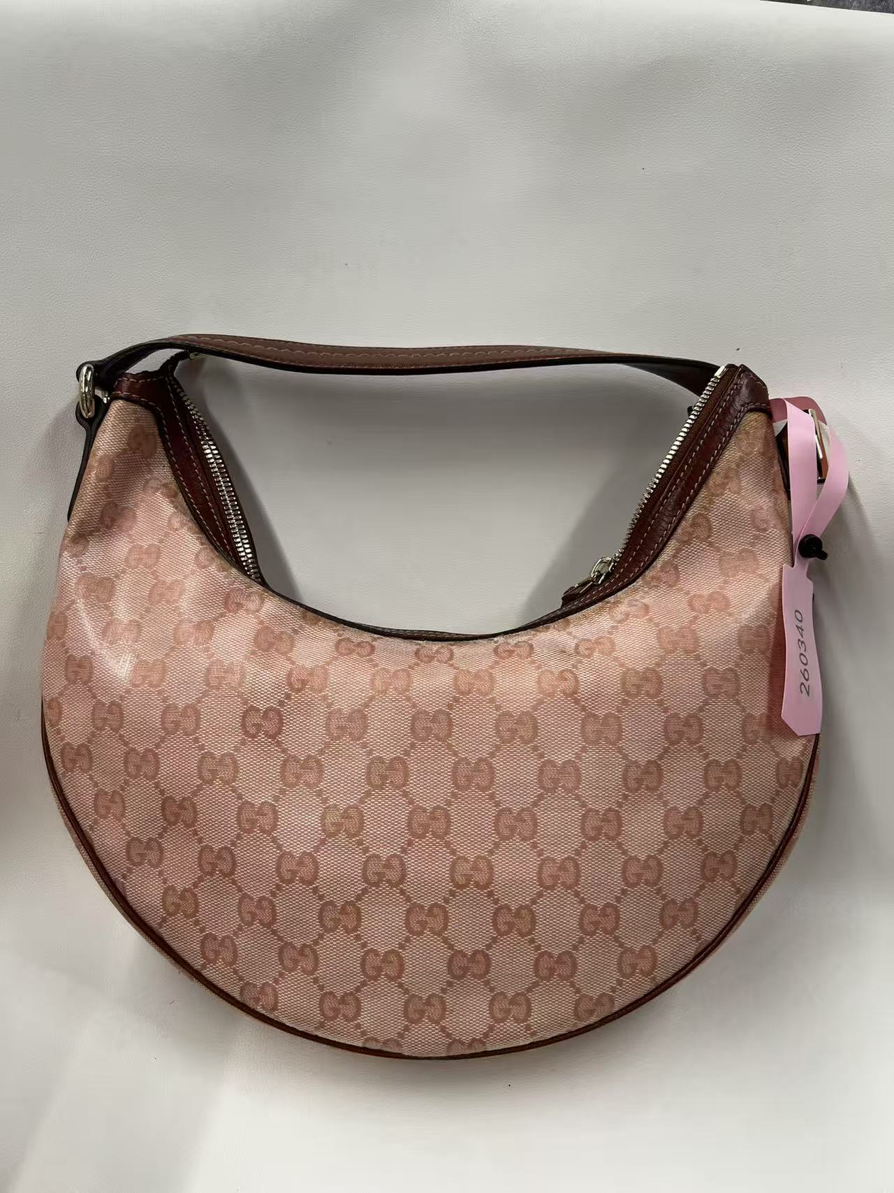 Gucci GG Canvas Pink Crescent Hobo Bag with Bow Charm