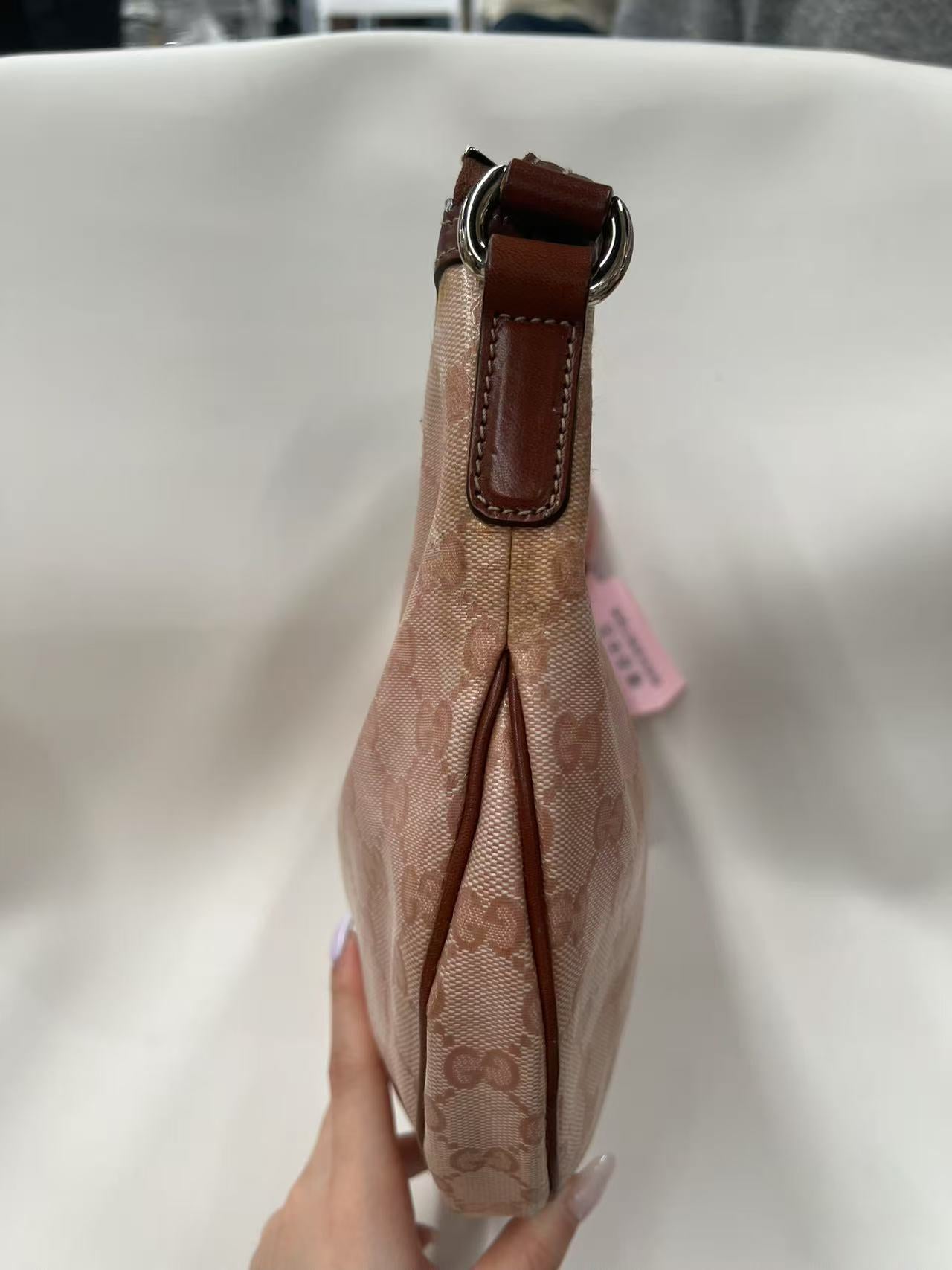 Gucci GG Canvas Pink Crescent Hobo Bag with Bow Charm