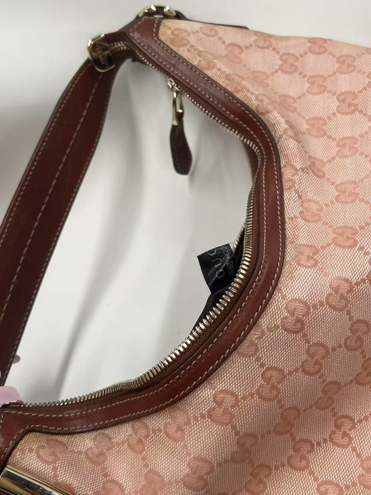 Gucci GG Canvas Pink Crescent Hobo Bag with Bow Charm