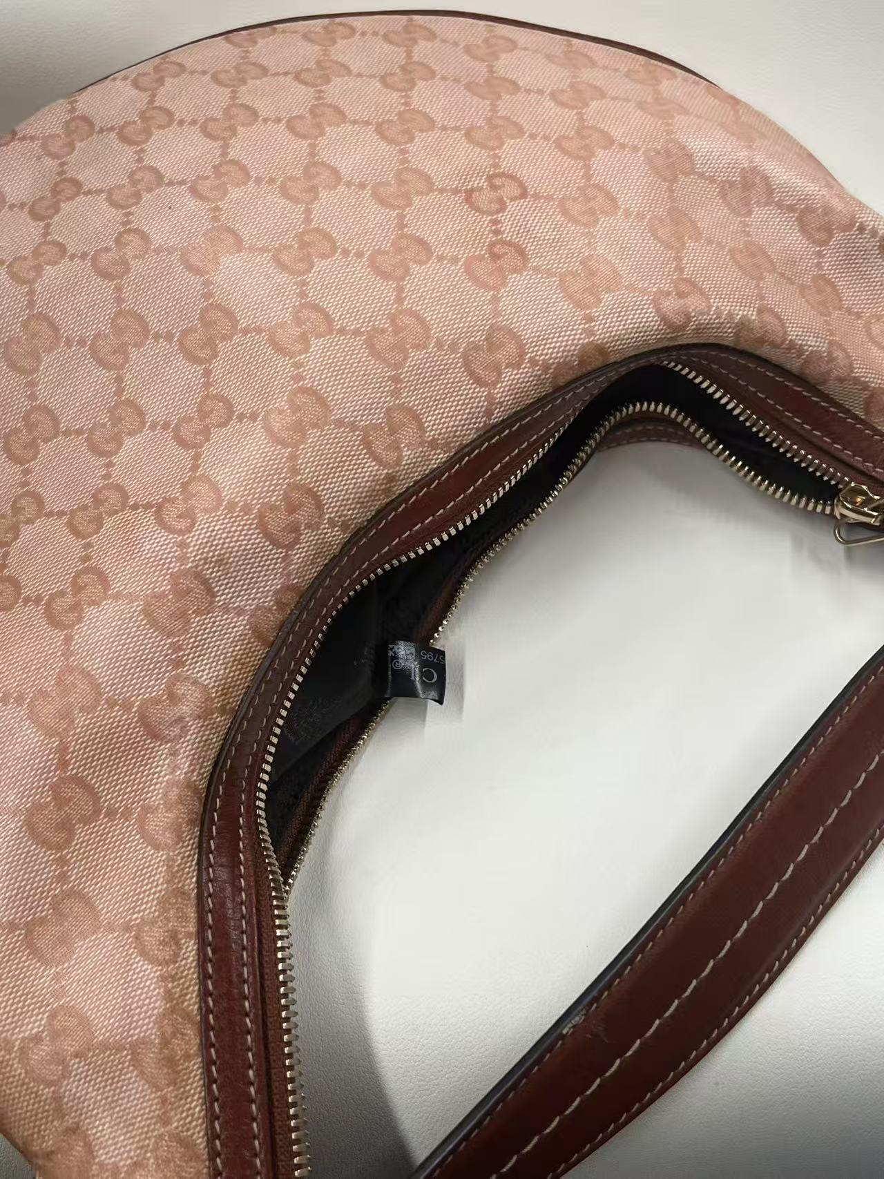Gucci GG Canvas Pink Crescent Hobo Bag with Bow Charm