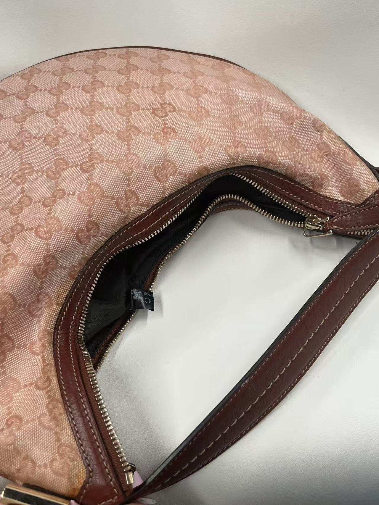 Gucci GG Canvas Pink Crescent Hobo Bag with Bow Charm