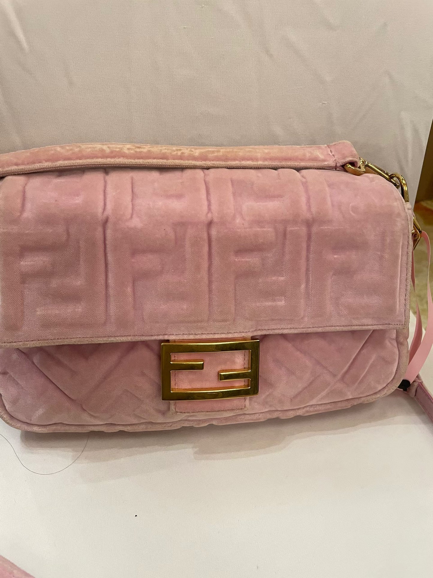 Fendi Baguette Pink Velvet FF Embossed Bag
