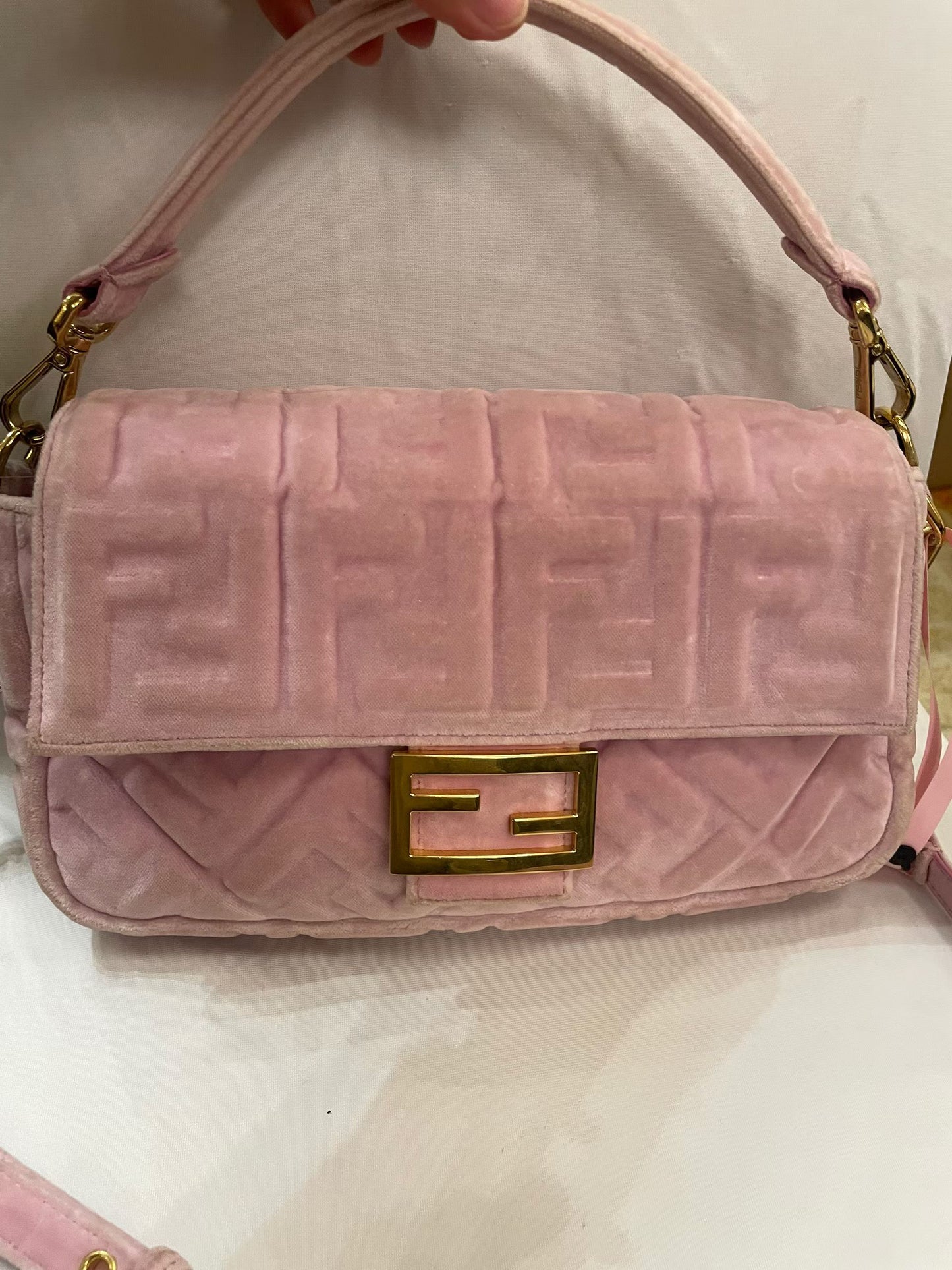 Fendi Baguette Pink Velvet FF Embossed Bag
