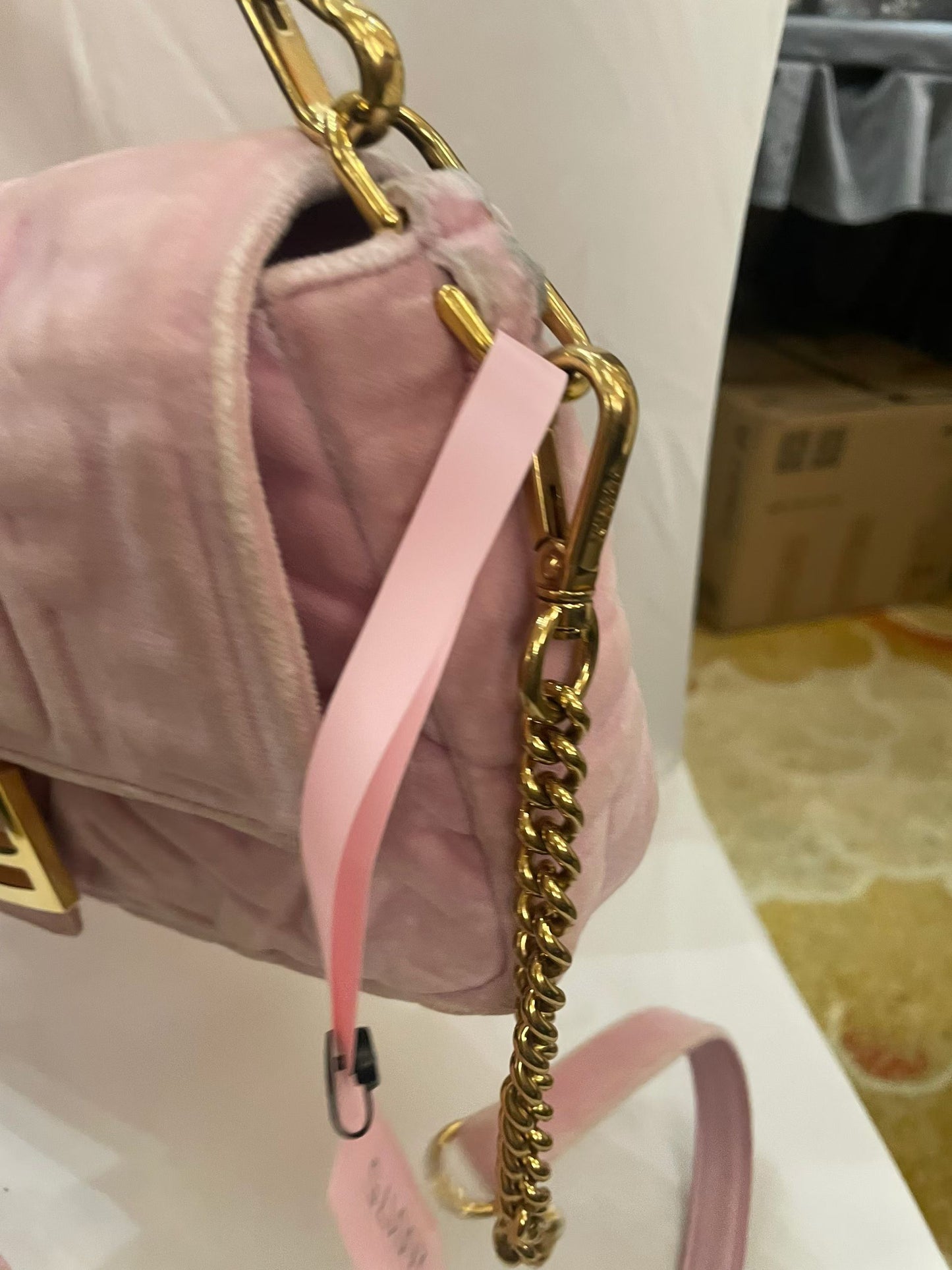 Fendi Baguette Pink Velvet FF Embossed Bag