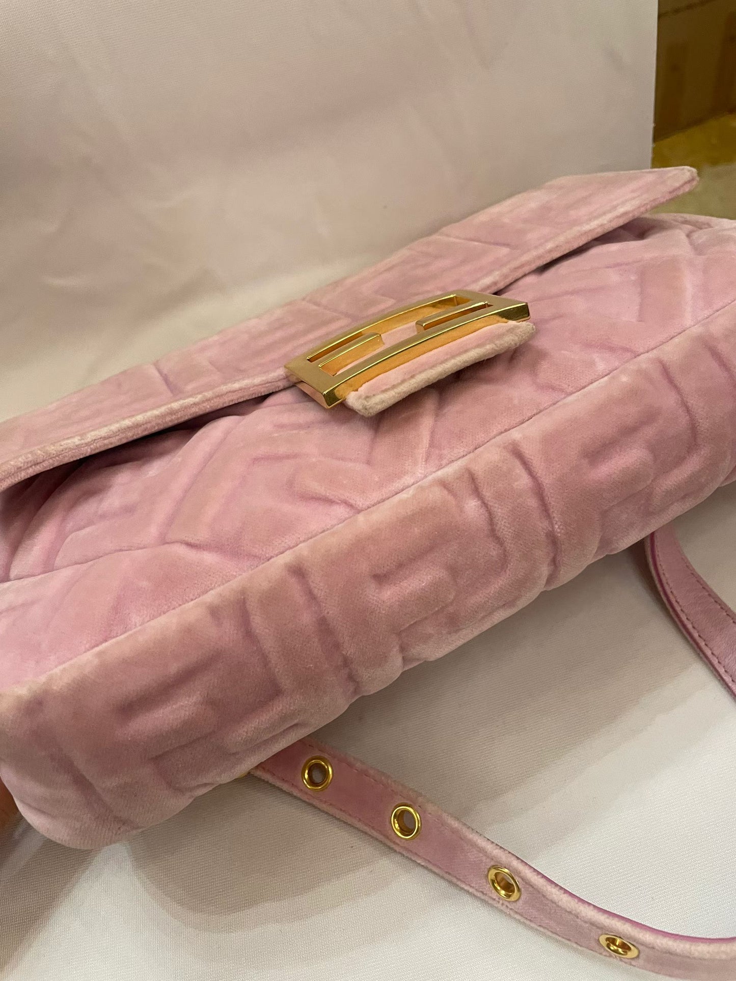 Fendi Baguette Pink Velvet FF Embossed Bag