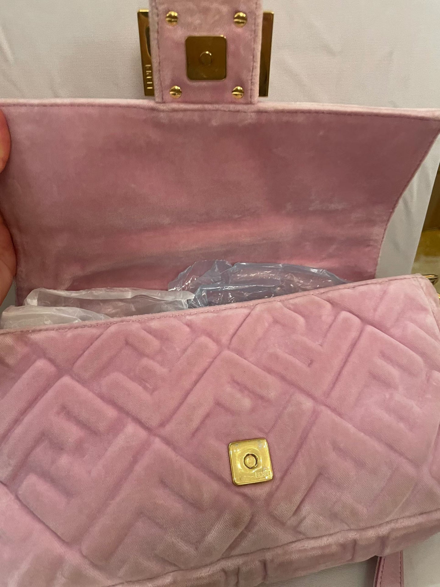 Fendi Baguette Pink Velvet FF Embossed Bag