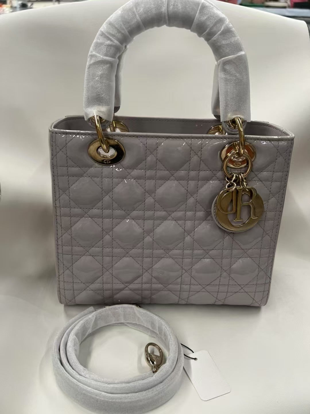 Christian Dior Lady Dior Small Light Grey Patent Leather Bag