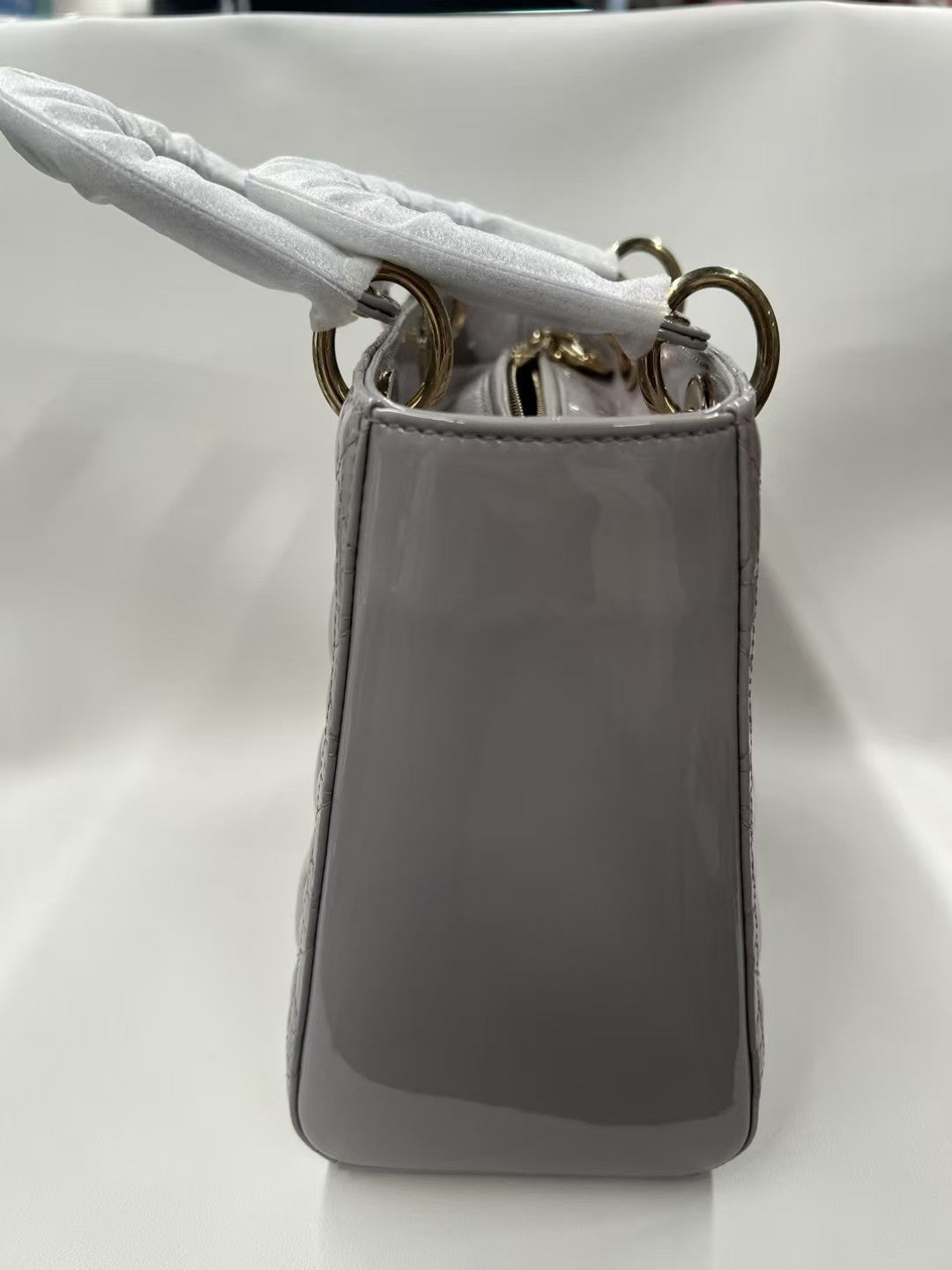 Christian Dior Lady Dior Small Light Grey Patent Leather Bag