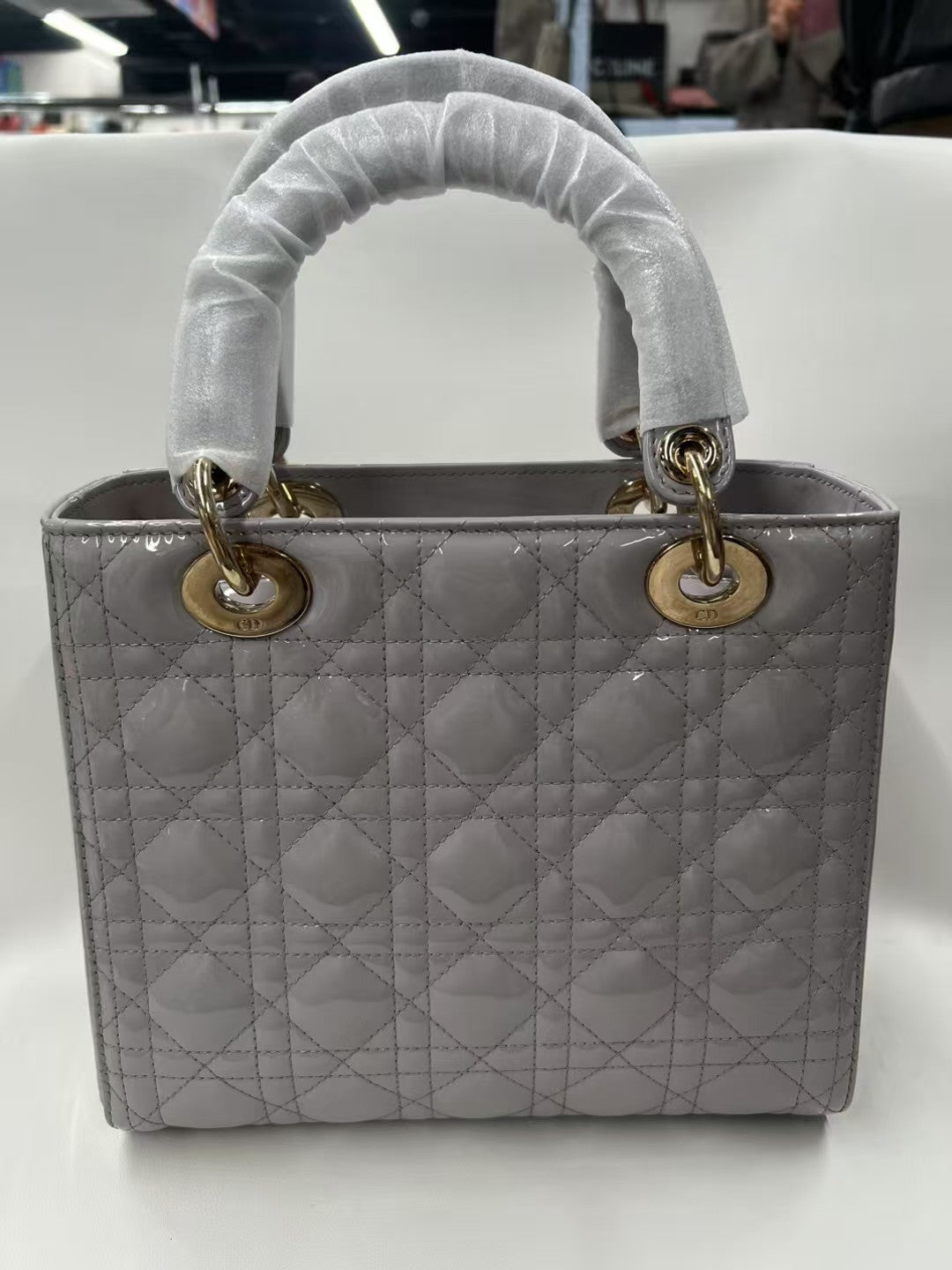 Christian Dior Lady Dior Small Light Grey Patent Leather Bag