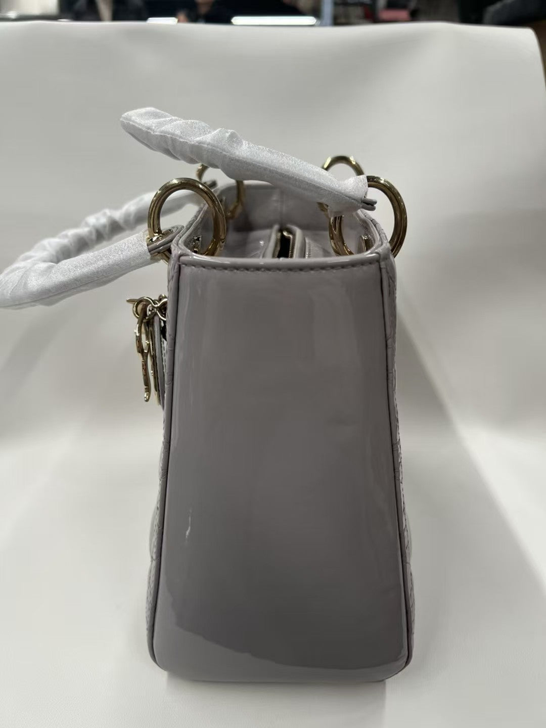 Christian Dior Lady Dior Small Light Grey Patent Leather Bag