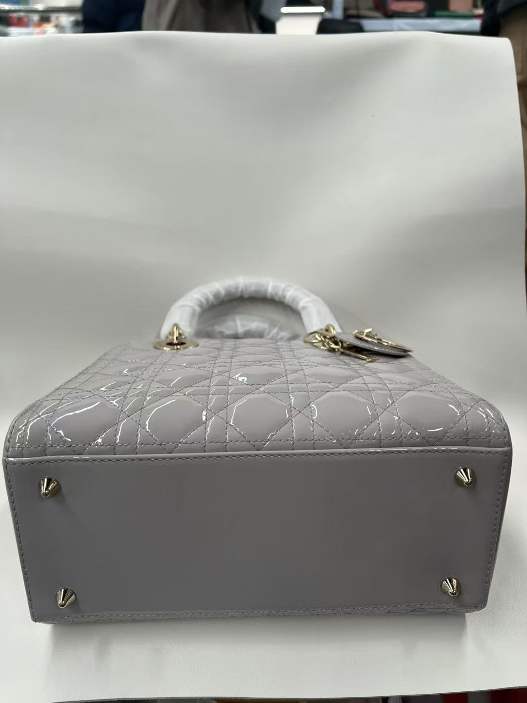 Christian Dior Lady Dior Small Light Grey Patent Leather Bag