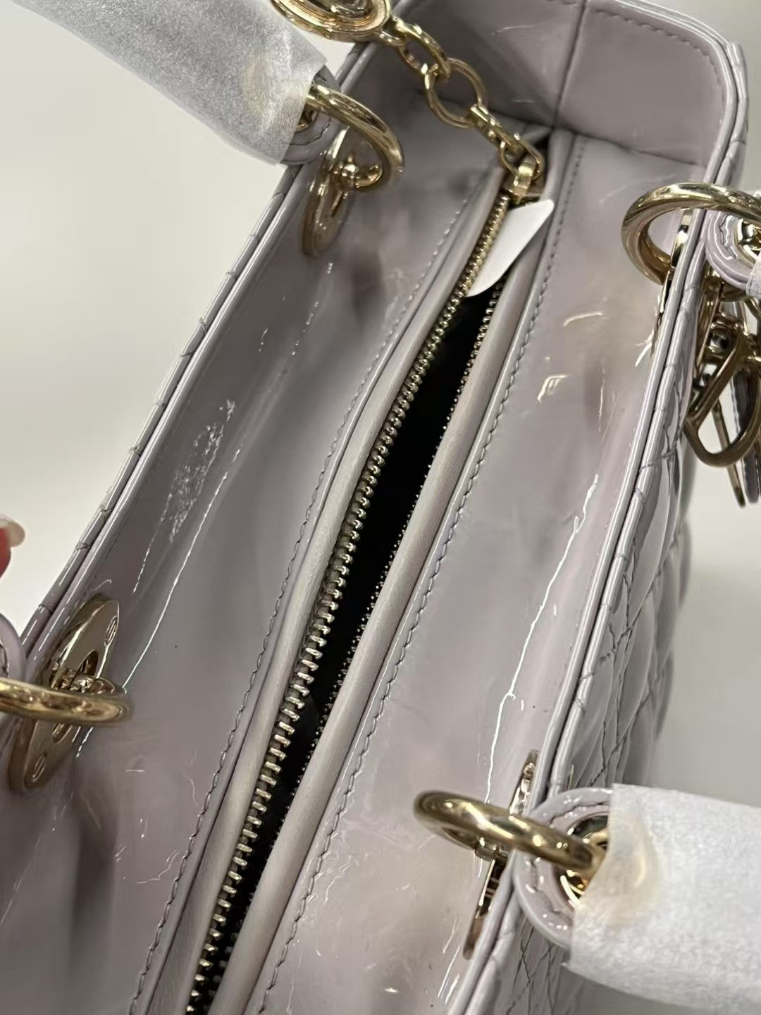 Christian Dior Lady Dior Small Light Grey Patent Leather Bag