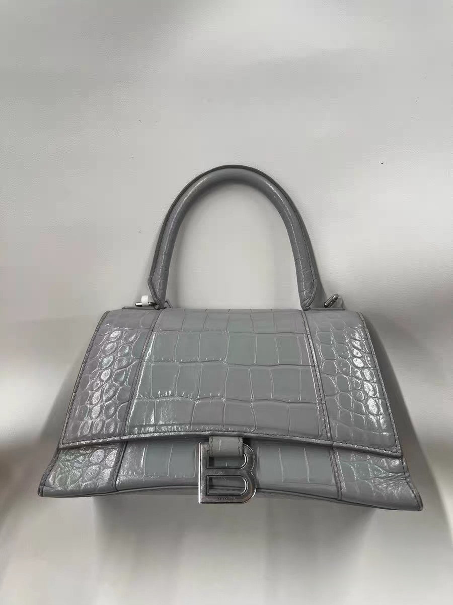 Balenciaga Hourglass Small Top Handle Bag Grey Crocodile Embossed Leather