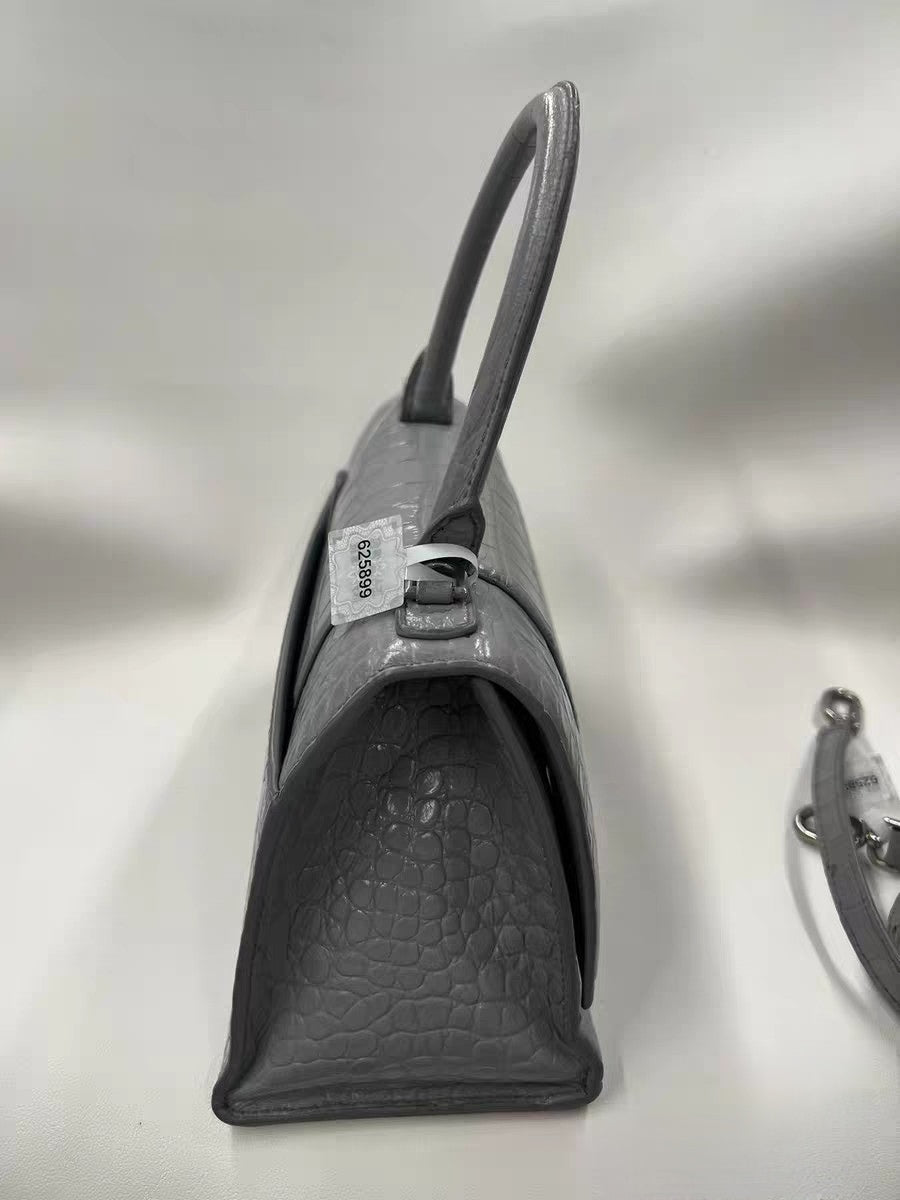 Balenciaga Hourglass Small Top Handle Bag Grey Crocodile Embossed Leather