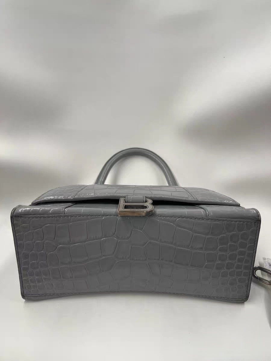 Balenciaga Hourglass Small Top Handle Bag Grey Crocodile Embossed Leather