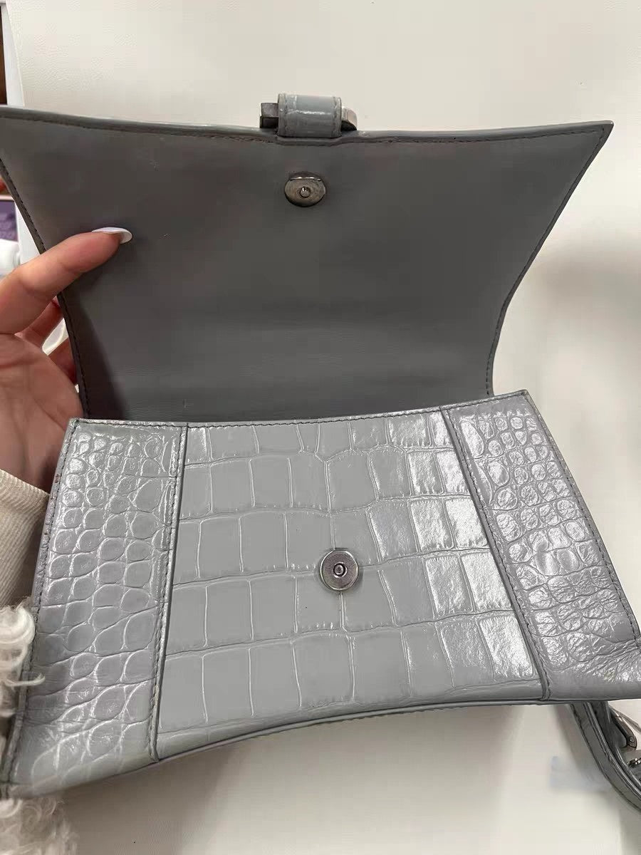 Balenciaga Hourglass Small Top Handle Bag Grey Crocodile Embossed Leather