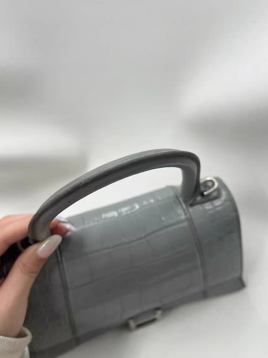 Balenciaga Hourglass Small Top Handle Bag Grey Crocodile Embossed Leather