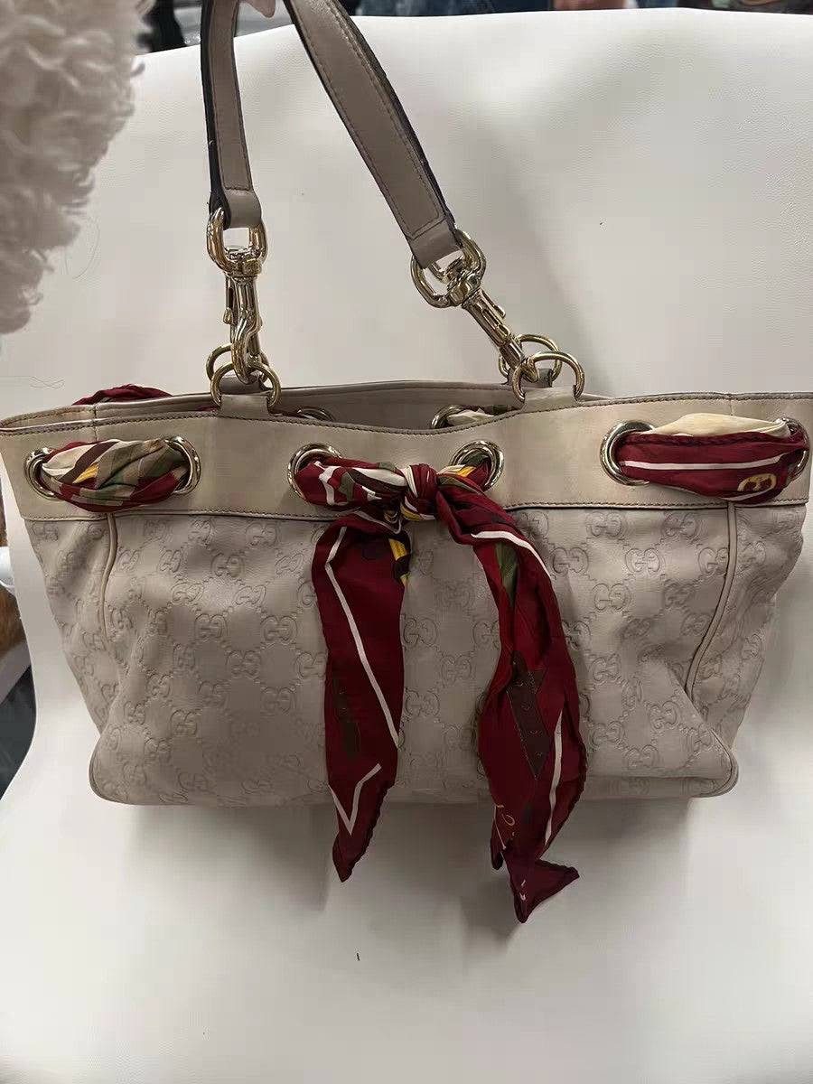 Gucci Positano Scarf Tote White Guccissima Leather Bag