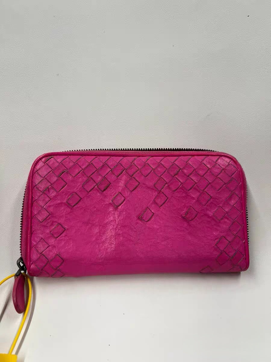 Bottega Veneta Intrecciato Hot Pink Leather Zip Around Wallet