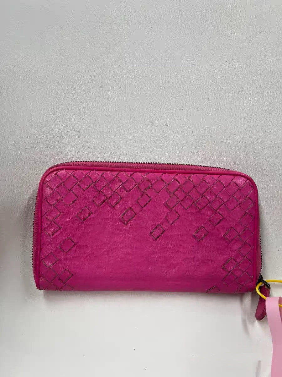 Bottega Veneta Intrecciato Hot Pink Leather Zip Around Wallet